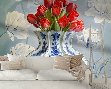 Moderne Tulpen in Klassieke Delfts Blauwe Vaas van Vlindertuin-Art