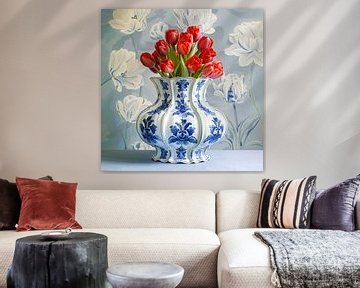 Moderne Tulpen in Klassieke Delfts Blauwe Vaas van Vlindertuin-Art