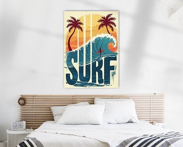 Kleurrijke surfposter op het strand met golven en palmbomen, met een vintage vibe in retrostijl van CB3D - Christoph Burgstedt