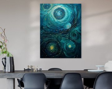 Kosmische wervelingen in turkoois en marineblauw van artefacti