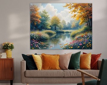Rivière idyllique avec des fleurs