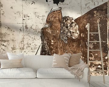 Edo Periode Figuren Schilderij: Bruin en Wi van Dream Designs art work
