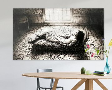 Woman on chaise longue in gloomy room van Frank Heinz