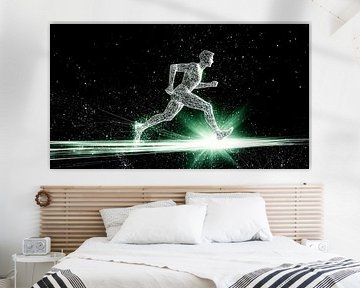 Wireframe athlete runs in digital space by Frank Heinz