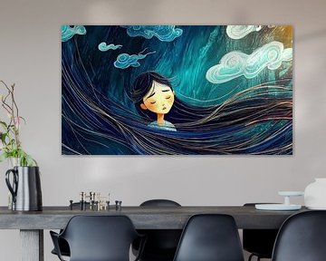 Sad woman in swirling clouds by Frank Heinz