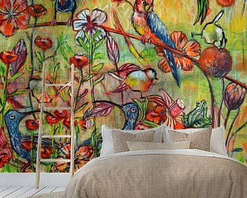 A cheerful painting of birds, flowers and butterflies by Paintings Liesbeth Serlie