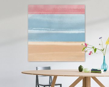 Abstract minimalistisch landschap in pastelkleuren. Roze, blauw, zand. van Dina Dankers