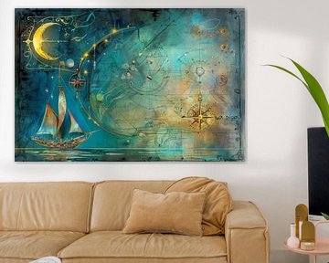 Schilderij met een zeilschip,  diepblauw en turquoise 