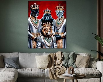 Vier koningen: zwarte panter - gorilla - witte panter - leeuw van Liona Toussaint