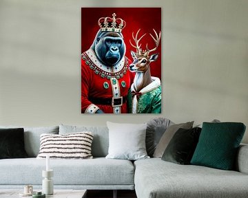 Gorilla-König als Weihnachtsmann mit königlichen Rentier