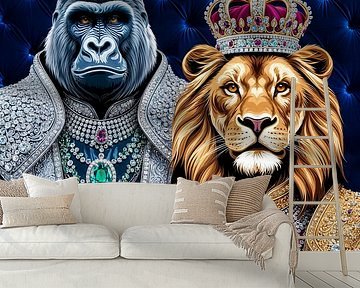 Twee koningen: Gorilla en leeuw