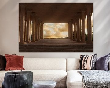 Antike Stoa mit ionischen Säulen und Sicht zur Wolkenlandschaft von Besa Art