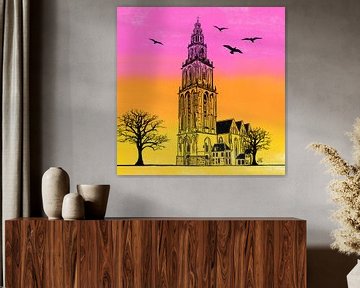Martinitoren en Martinikerk Groningen roze oranje geel van Janet Edens
