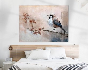 Schilderij in Japandi stijl van een  vogeltje op een bloesemtak van Studio Pieternel