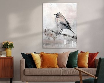 Sereen schilderij:  Vogeltje op een tak met kersenbloesem van Studio Pieternel