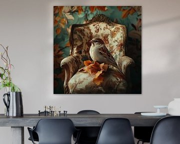 House sparrow on beige armchair by Bianca ter Riet