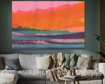 Eigentijds abstract kleurrijk landschap in neon oranje, roze, blauw. van Dina Dankers