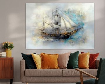 Schilderij van een zeilschip, decoratief, avontuurlijk, reizen van Peter Pen tekeningen en schilderijen
