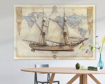 Gedetailleerde tekening van een historisch zeilschip, in blauw, bruin, beige van Peter Pen tekeningen en schilderijen