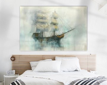 Painting of a large sailing ship, an old pirate ship, dreamy and mysterious, blue, gray, vintage, cl by Peter Pen Drawings and Paintings
