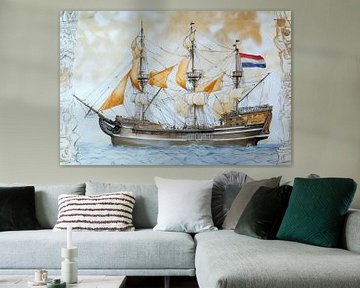 Gedetailleerde tekening van een historisch VOC zeilschip met Nederlandse vlag van Peter Pen tekeningen en schilderijen