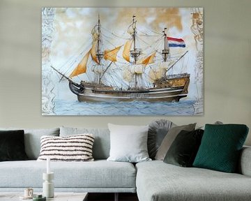 Gedetailleerde tekening van een historisch VOC zeilschip met Nederlandse vlag van Peter Pen tekeningen en schilderijen