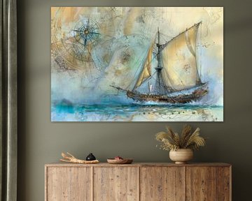 Schilderij van een zeilschip, blauw, bruin, beige,  vintage, klassiek van Peter Pen tekeningen en schilderijen