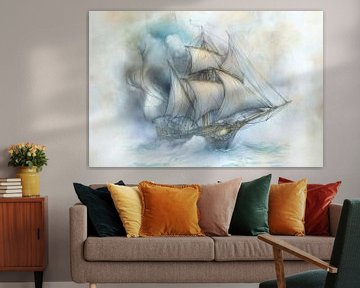 Tekening van een zeilschip in een storm, klassiek, vintage,  blauw, grijs, beige, en wit. van Peter Pen tekeningen en schilderijen