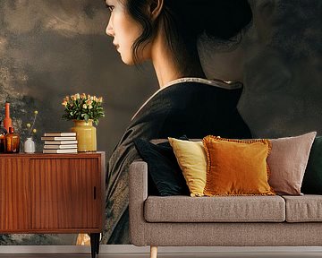 Elegance in Shadow: Portrait of an Asian Woman in Kimono by Dream Designs art work