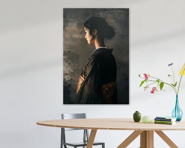 Elegantie in Schaduw: Portret van een Aziatische Vrouw in Kimono van Dream Designs art work