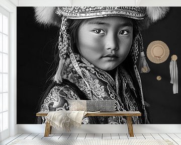 Traditional Beauty: Portrait of a Young Tibetan Girl in Embroidery Style by Dream Designs art work