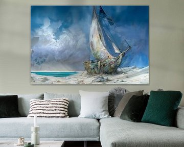 Schilderij van een verlaten schipwrak op een strand na een storm, klassiek, blauw van Peter Pen tekeningen en schilderijen
