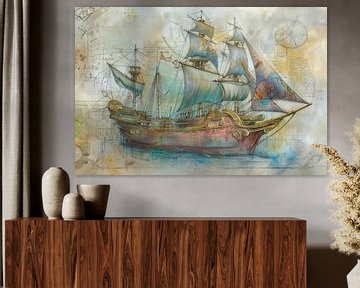 Schilderij van een historisch zeilschip, technisch en artistiek, vintage en klassiek, blauw van Peter Pen tekeningen en schilderijen