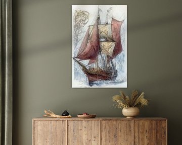Gedetailleerde afbeelding van een zeilschip, artistiek, klassiek, Rood, Beige, Bruin, Blauw van Peter Pen tekeningen en schilderijen