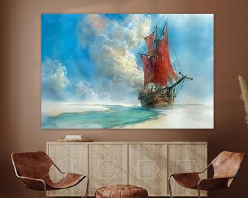 Schilderij van een groot zeilschip met rode zeilen, gestrand op een zandbank. van Peter Pen tekeningen en schilderijen