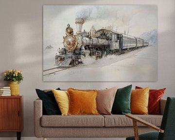 Gedetailleerde tekening  van een stoomtrein in een winters landschap van Peter Pen tekeningen en schilderijen