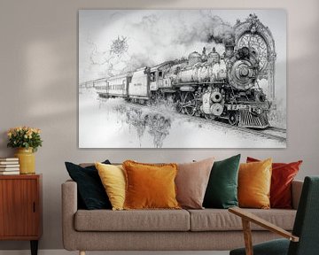 Gedetailleerde tekening van een stoomtrein, vintage, industrieel, monochroom van Peter Pen tekeningen en schilderijen