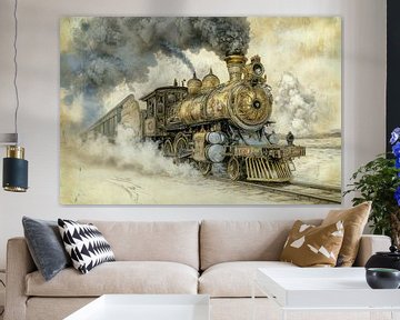 Gedetailleerd schilderij van een oude stoomlocomotief, vintage, goud, brons, aardetinten van Peter Pen tekeningen en schilderijen