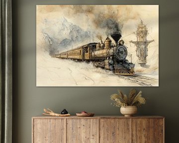 Schilderij van een antieke stoomtrein die door de bergen rijdt, vintage, aardetinten van Peter Pen tekeningen en schilderijen