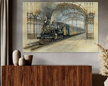 Schilderij van een stoomtrein in een treinstation, vintage, Gouden Eeuw, aardetinten van Peter Pen tekeningen en schilderijen