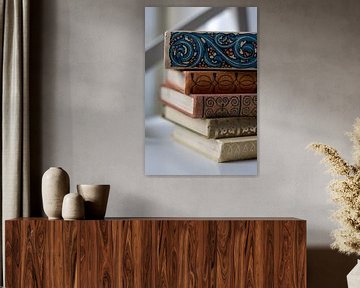stack of vintage books with linen cover and decoration