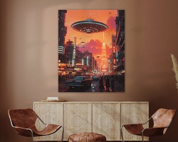 Retro Futuristic with Ufo Cityscape
