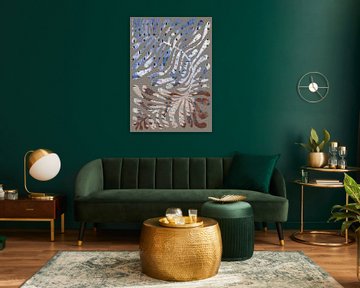Groot blad in roestbruin en blauw. Wabi- sabi botanische collage. van Dina Dankers
