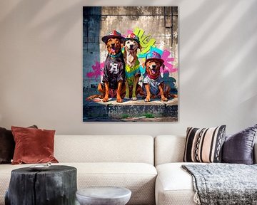Three funny dogs in urban art clothing by Liona Toussaint