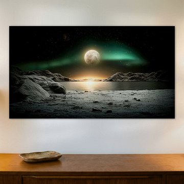 Funkelndes Polarlicht über stillem Ufer von Klaus Tesching - Art-AI