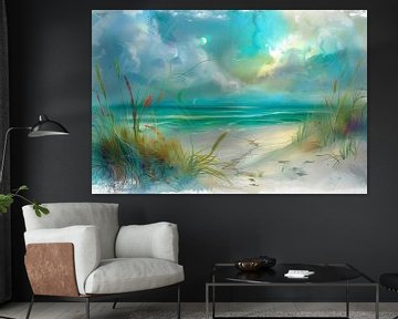 Schilderij van een strand landschap en duinen, bohemian,  Scandinavisch, Blauw,  Turquoise van Peter Pen tekeningen en schilderijen