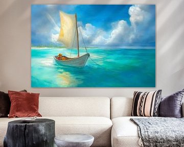 Schilderij van een zee landschap met een zeilboot op het water van Peter Pen tekeningen en schilderijen