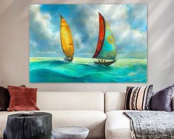 Painting showing two sailboats sailing on the sea, under a clear blue sky. by Peter Pen Drawings and Paintings