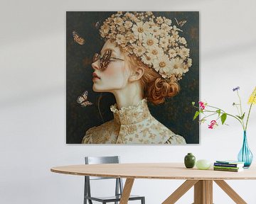Bloem Vrouw | Gouden Bloemen Jurk van Blikvanger Schilderijen