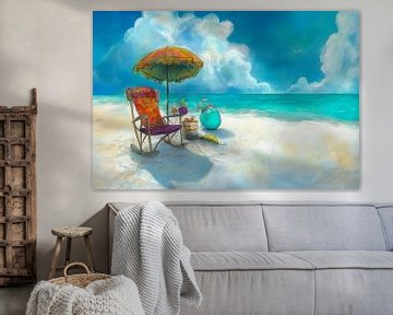 Schilderij van een strand met een schommelstoel onder een kleurrijke parasol. van Peter Pen tekeningen en schilderijen